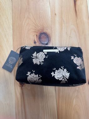 Vince Camuto Black Velvet Floral Makeup Bag with Gold Floral Accents